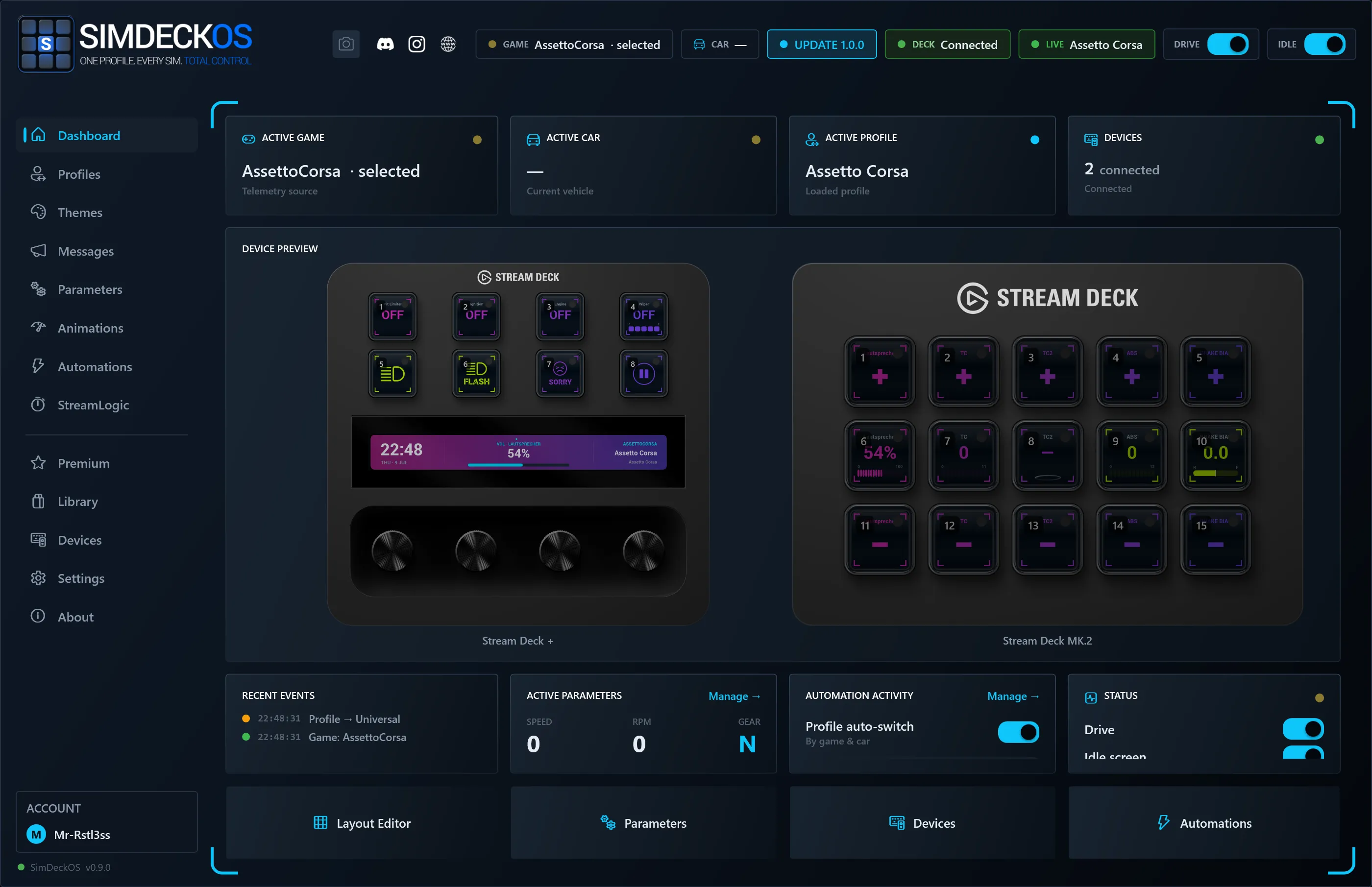 The SimDeckOS dashboard — a live preview of a Stream Deck + and a Stream Deck MK.2, with active game, car, profile and automation status