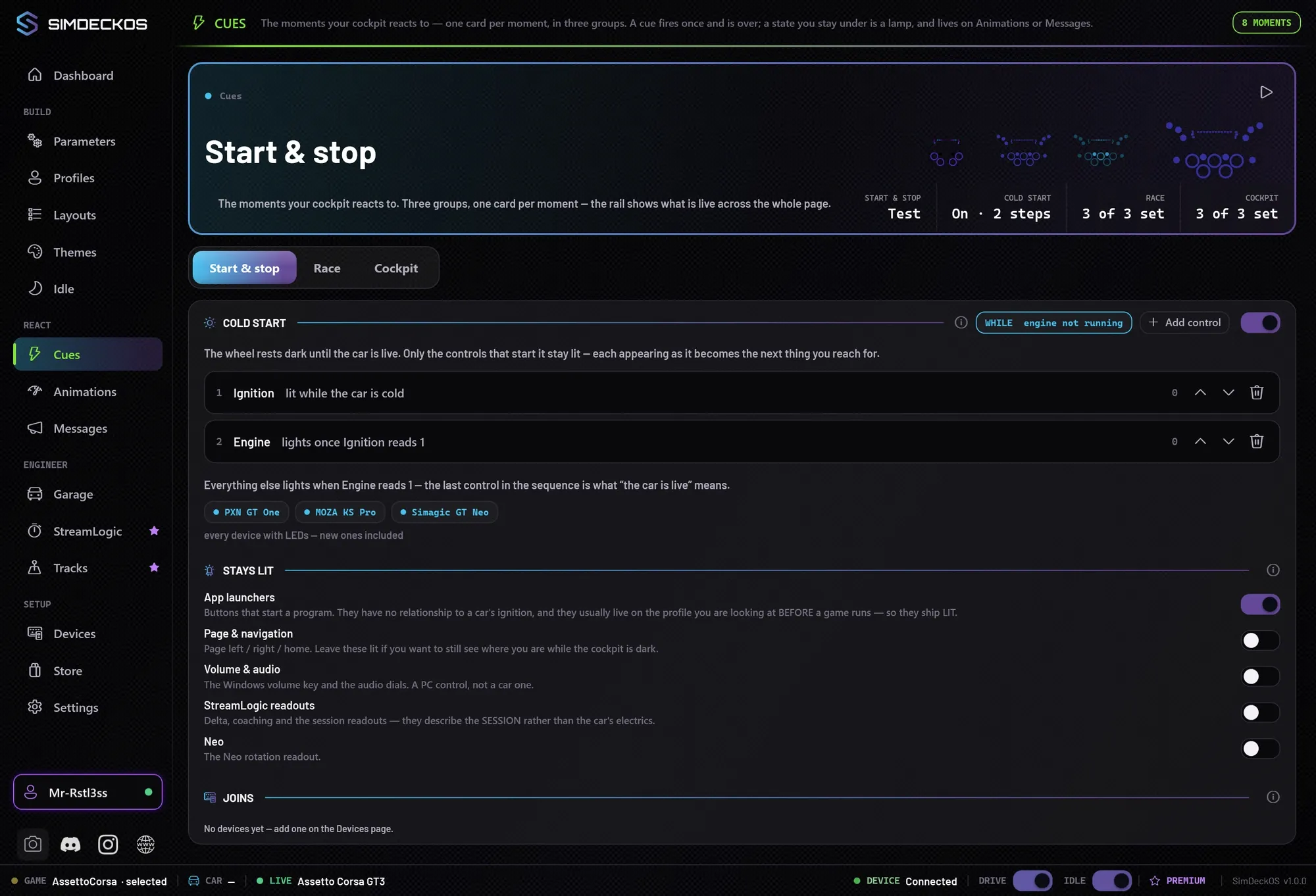 The SimDeckOS Cues page