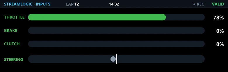 The StreamLogic Inputs screen: throttle, brake, clutch and steering bars