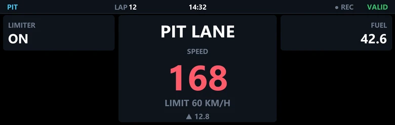 The Pit screen: limiter on, fuel, and the speed against the pit limit