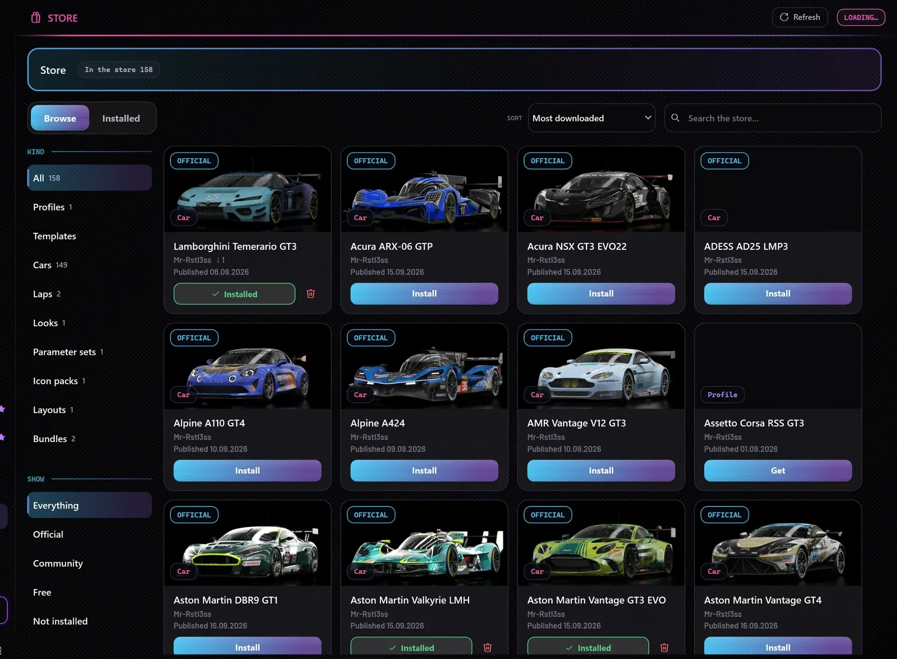 The library in the SimDeckOS app: official car sets such as the Lamborghini Temerario GT3 and the Acura ARX-06 GTP, ready to install