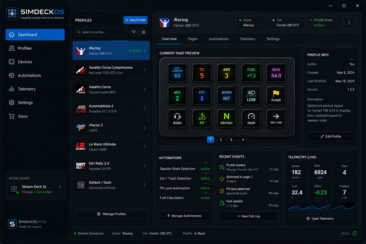 The SimDeckOS app — live deck preview, profiles, telemetry and automations